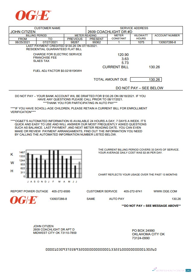 download download USA Oklahoma OGE Energy utility bill template in Word and PDF PDF template PDF template